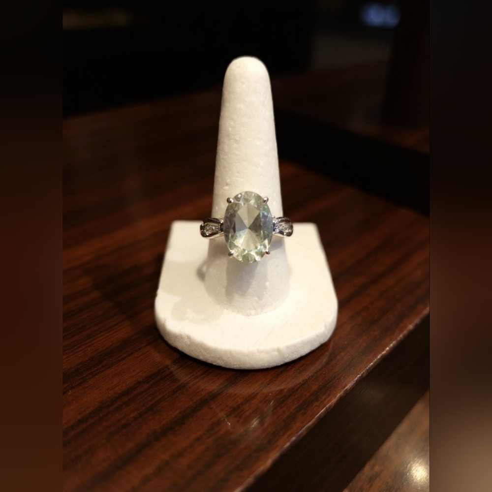 Green Amethyst & Diamond Ring Set In Platinum Over 925 Sterling Sz 8